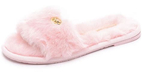 michael kors fur slides pink|pink Michael Kors slippers.